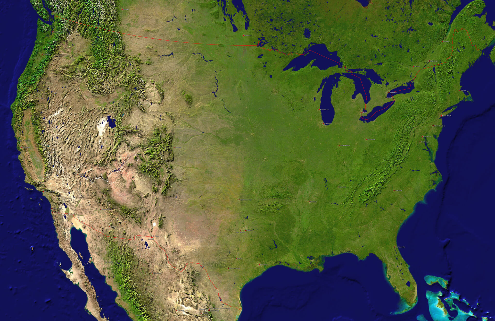 Satellite Map of USA and Neighboring Countries
